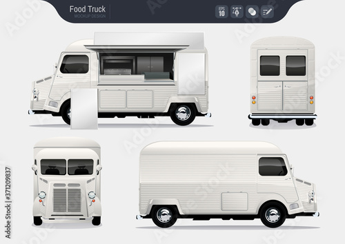 Isolated Realistic Food Truck. Fast-Food Truck Vector Template for Brand Identity. 