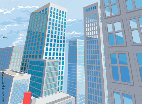 A city buildings cartoon comic book style background with skyscrapers
