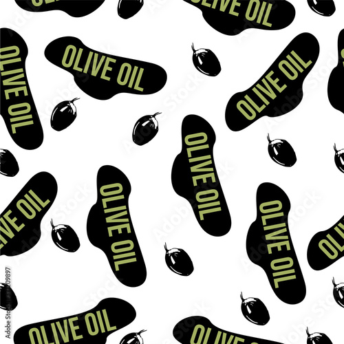 Seamless pattern with the text "Olive oil" and olives on a white background. Print of olives and text