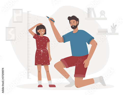 Father measures the child height. Daughter and dad in the room mark the height on the meter wall. Flat vector illustration in blue and red colors.