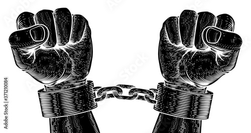 Hands in metal chain shackle handcuffs in a vintage woodcut revolution propaganda poster style.
