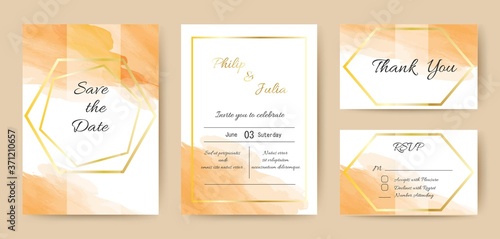 Wedding invitation set with watercolor orange background. Includes save the date, rsvp and thank you cards templates. Gold frame decoration luxury design.