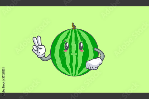 REALLY, ATTENTIVE, Curios Face Emotion. Peace Hand Gesture. Watermelon Fruit Cartoon Drawing Mascot Illustration.