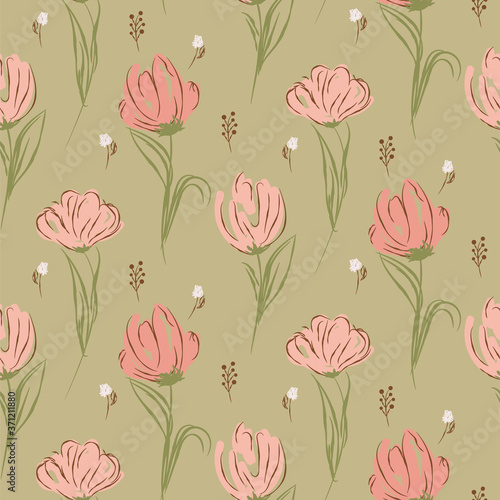 Hand drawn big tulips on green seamless background.