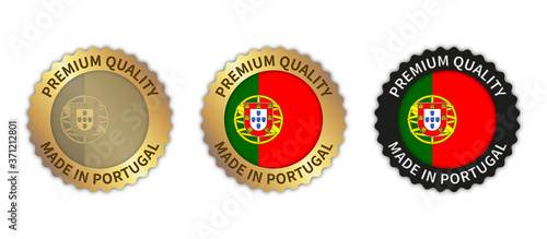 Set of 3 "Made in Portugal" vector icons. Illustration with transparent background. Country flag encircled with gold/black stamp. Sticker/logo for product/website.	