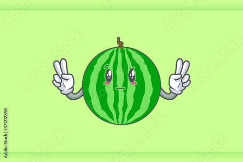 REALLY, ATTENTIVE, Curios Face Emotion. Double Peace Hand Gesture. Watermelon Fruit Cartoon Drawing Mascot Illustration.