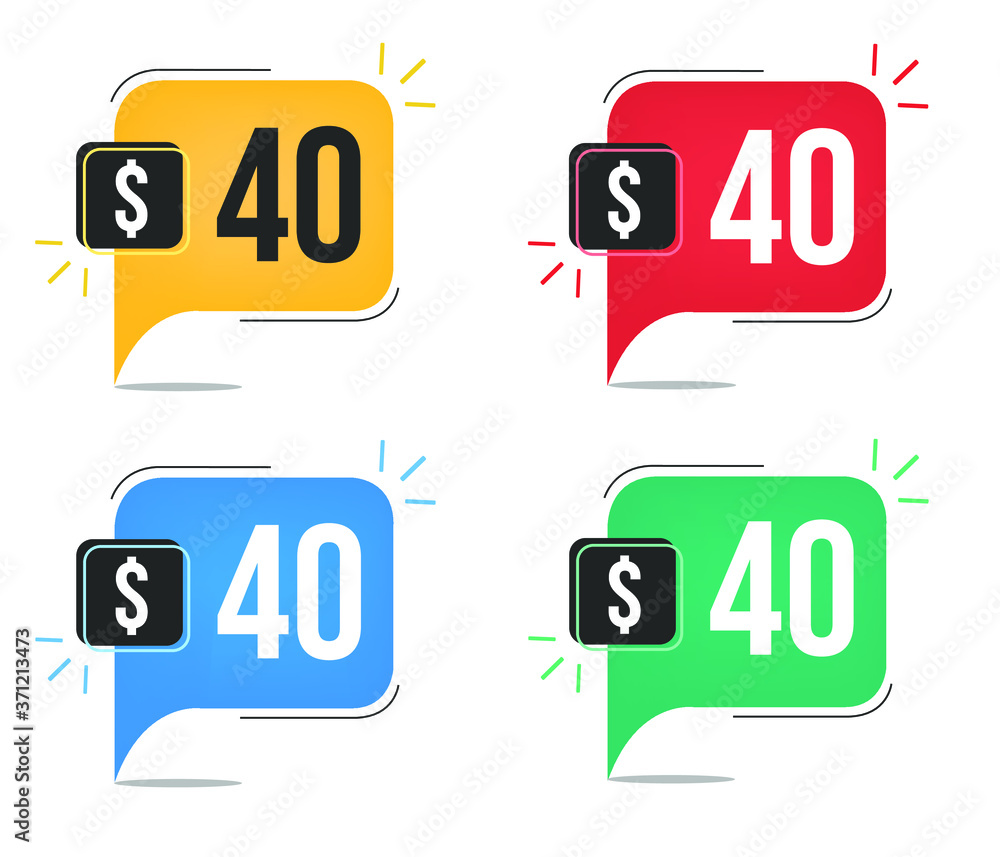 $40 dollar price. Yellow, red, blue and green currency tags. Balloon concept with forty dollars for sales. $40 dollar price. Yellow, red, blue and green currency tags. Balloon concept with forty dollars for sales.
