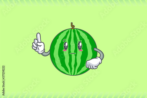 REALLY, ATTENTIVE, Curios Face Emotion. Forefinger Hand Gesture. Watermelon Fruit Cartoon Drawing Mascot Illustration.