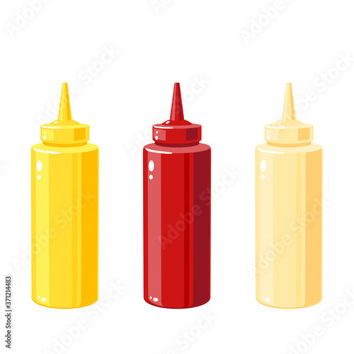 Mustard, ketchup, mayonnaise sauces in squeeze bottles for fast food, vector illustration cartoon icons isolated on white background.