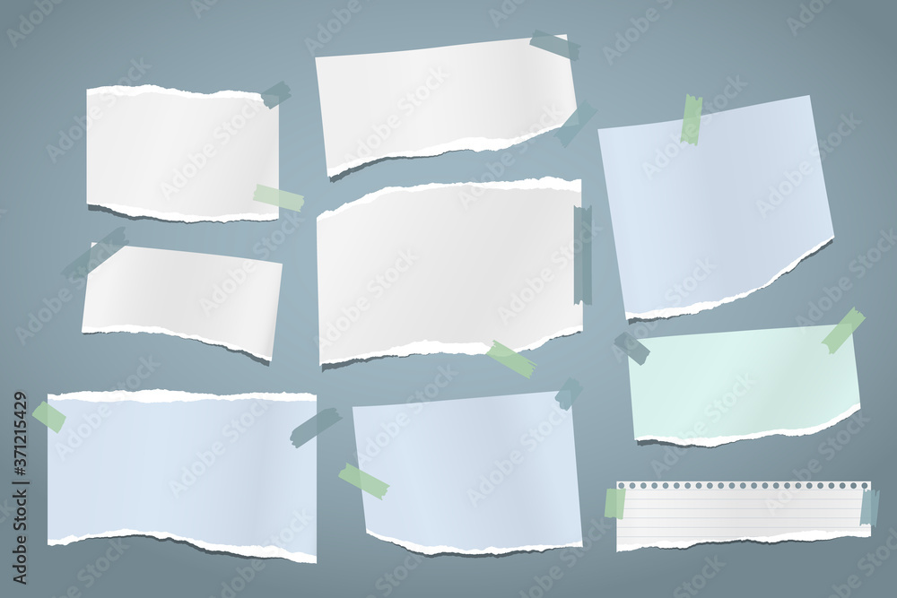 custom made wallpaper toronto digitalTorn of white and blue note, notebook paper strips and pieces stuck with sticky tape on dark blue background. Vector illustration