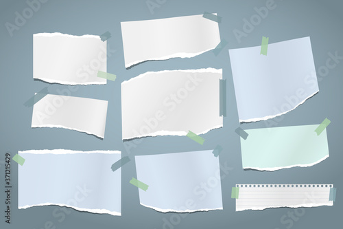 Wallpaper Mural Torn of white and blue note, notebook paper strips and pieces stuck with sticky tape on dark blue background. Vector illustration Torontodigital.ca