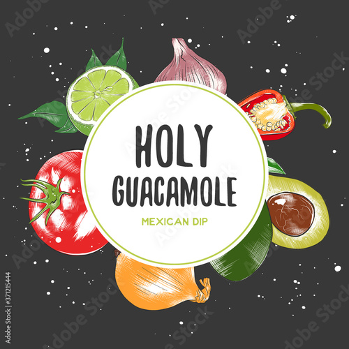 Vector vintage background with engraved hand drawn sketches of guacamole ingredients. Organic craft vegetables and spices illustrations. Mexican cuisine top view frame. Food menu design template.