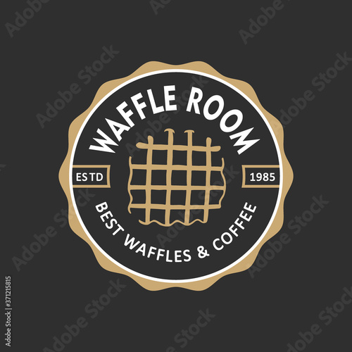 Vintage style bakery shop label, badge, emblem, logo. Vector illustration. Colorful graphic art with engraved design element of waffle. Collection of linear graphic on black background.