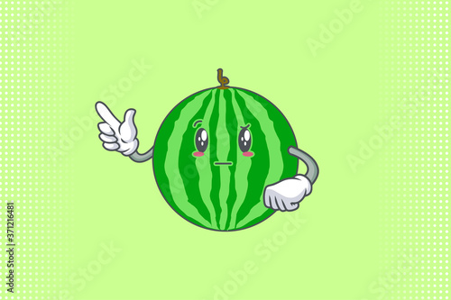 REALLY, ATTENTIVE, Curios Face Emotion. Forefinger Hand Gesture. Watermelon Fruit Cartoon Drawing Mascot Illustration.