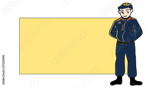 消防士のおじさんと黄色いフレーム