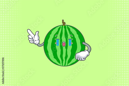 CRYING, SAD, SOB, CRY Face Emotion. Forefinger Hand Gesture. Watermelon Fruit Cartoon Drawing Mascot Illustration.
