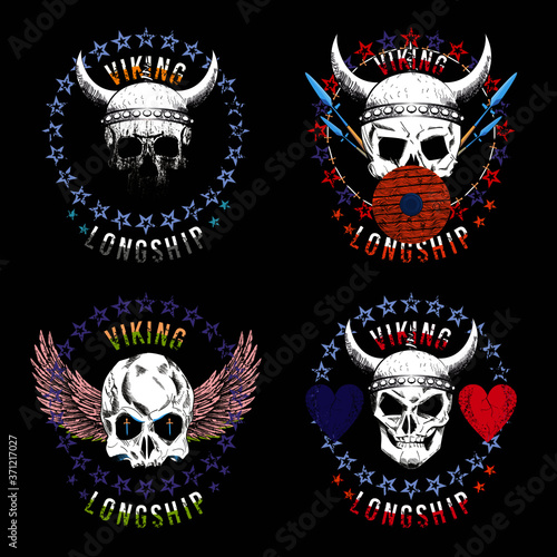 Set of four illustrated skulls. Vector drawings of heads for t-shirts or posters.