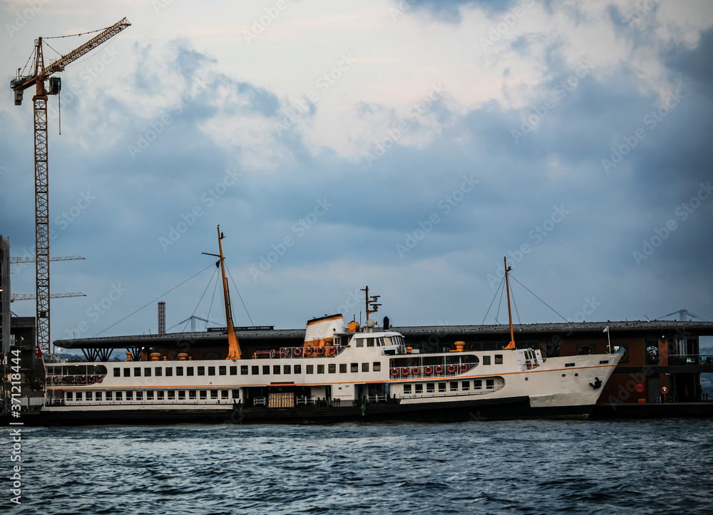Sea voyage on the Bosphorus with the Istanbul ferry. Turkish steamboat with seagulls.