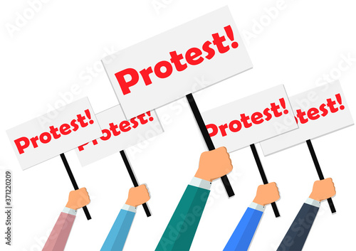 Arms raised in protest..Crowd with banners of protestors fists raised up in the air.revolution,freedom.Vector concept Protest and conflict concept