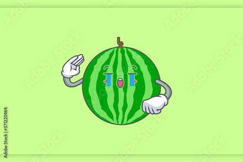 CRYING, SAD, SOB, CRY Face Emotion. Salute Hand Gesture. Watermelon Fruit Cartoon Drawing Mascot Illustration.