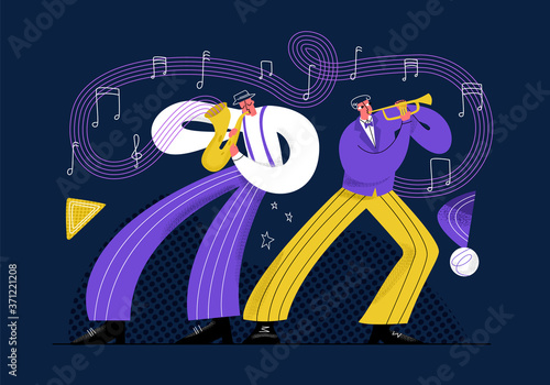Photography Vector flat illustration with jazz performers performing at concert