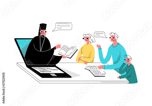 Vector flat illustration with family listening to sermon and Bible reading by Orthodox priest, which is abstractly shown from laptop. Concept religion online, teaching spiritual teaching on Internet.