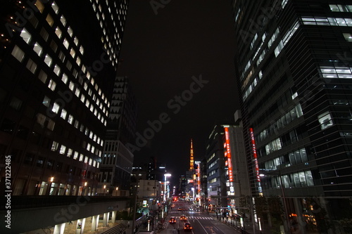 Night view of the business district in Tokyo Japan