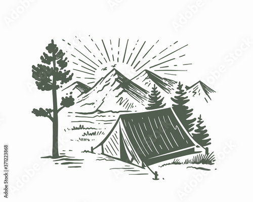 tent camping in forest near mountains