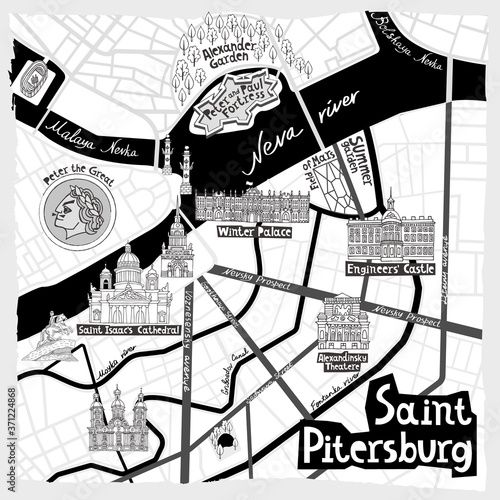 .Set of hand drawn landmarks of St. Petersburg, Russia. Vector set of icons with national elements and symbols..