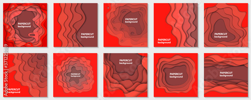 Vector collection of 10 backgrounds with red gradient paper cut shapes. 3D abstract paper art style, design layout for business presentations, flyers, posters, prints, decoration, cards, brochure