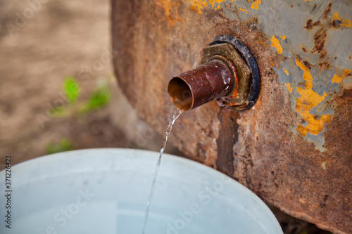 Homemade Rakija or Slivovitz (plum brandy) dripping into the bucket photo