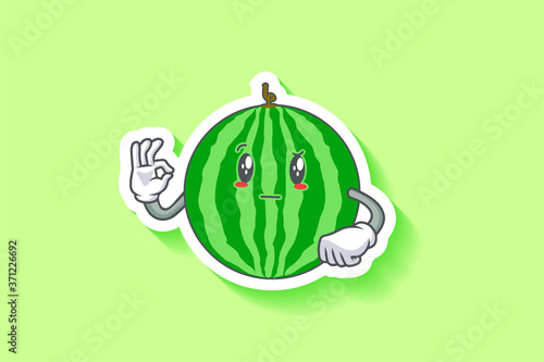 REALLY, ATTENTIVE, CURIOS Face Emotion. Nice Hand Gesture. Watermelon Fruit Cartoon Drawing Mascot Illustration.