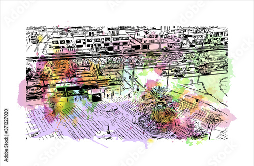 Building view with landmark of Ambato is a city located in the central Andean valley of Ecuador.  Watercolor splash with hand drawn sketch illustration in vector.