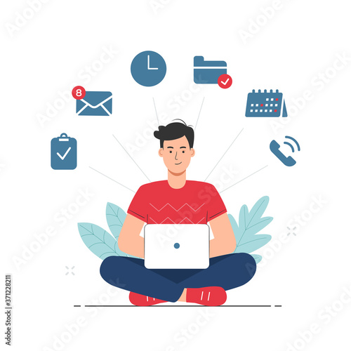 Multitasking and time management concept with man working on laptop illustration