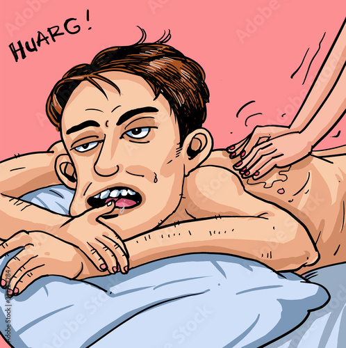 A wife gives body massage to her tired husband on the bed