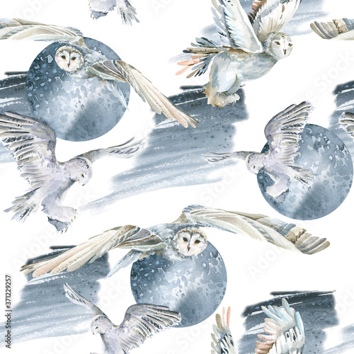 Hand painted watercolor seamless pattern of winter bird - owl with white, blue wings and watercolor stain. Illustration isolated on white