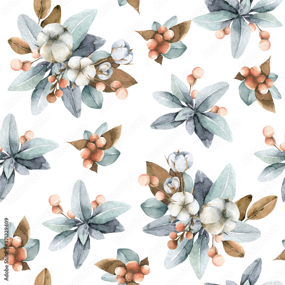 Fototapeta premium Hand painted watercolor seamless pattern of winter flowers of cotton, berries, leaves and branches. Illustration isolated on white