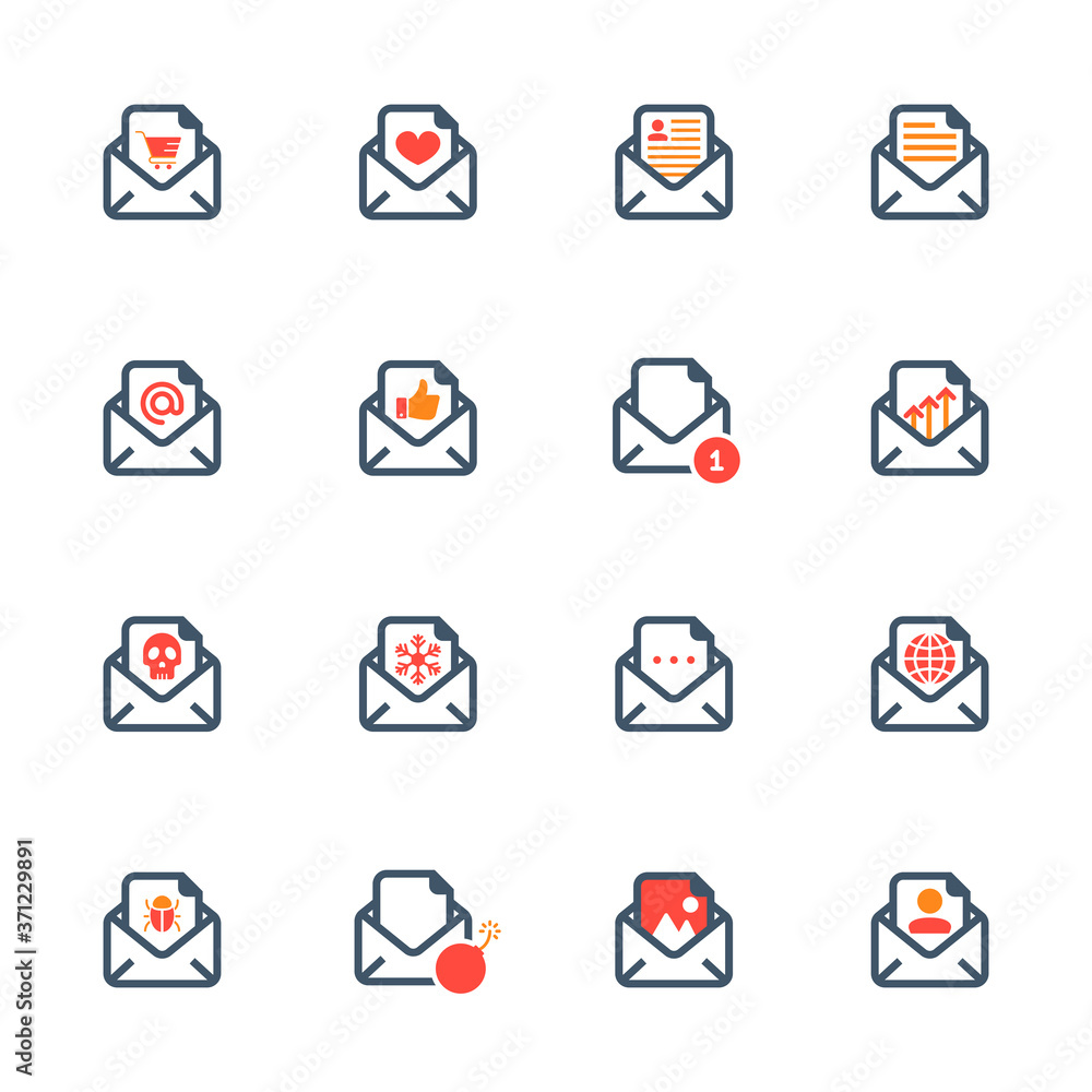 Email icons set. Electronic mail message concept icons. Shopping cart, envelope with snowflake for christmas, love letter, thumbs up, one message notification, virus spam, send email invitation, photo