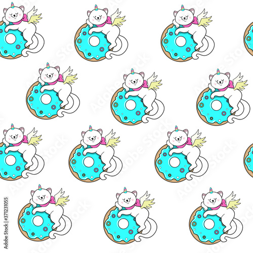 Beautiful unicorn cat sleeps on a blue donut seamless pattern on a white background for children