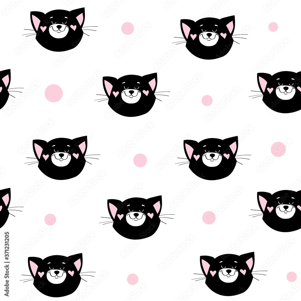 The head of a black cat in kawaii style on a white background seamless pattern for children The head of a black cat in kawaii style on a white background seamless pattern for children