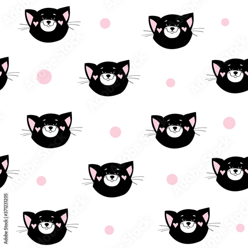 The head of a black cat in kawaii style on a white background seamless pattern for children