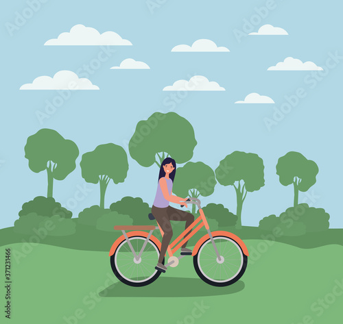 woman cartoon riding bike at park design, Nature outdoor and season theme Vector illustration