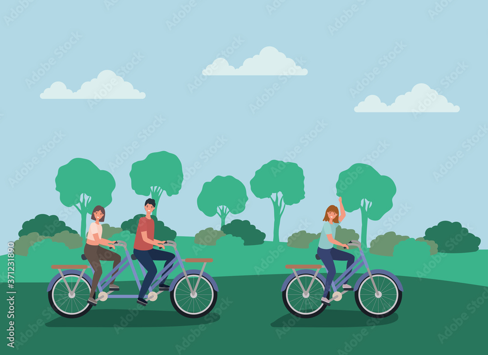 Naklejka premium women and man cartoons riding bikes at park design, Nature outdoor and season theme Vector illustration
