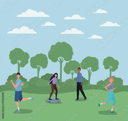 women and men cartoons running and on skateboard at park design, Nature outdoor and season theme Vector illustration