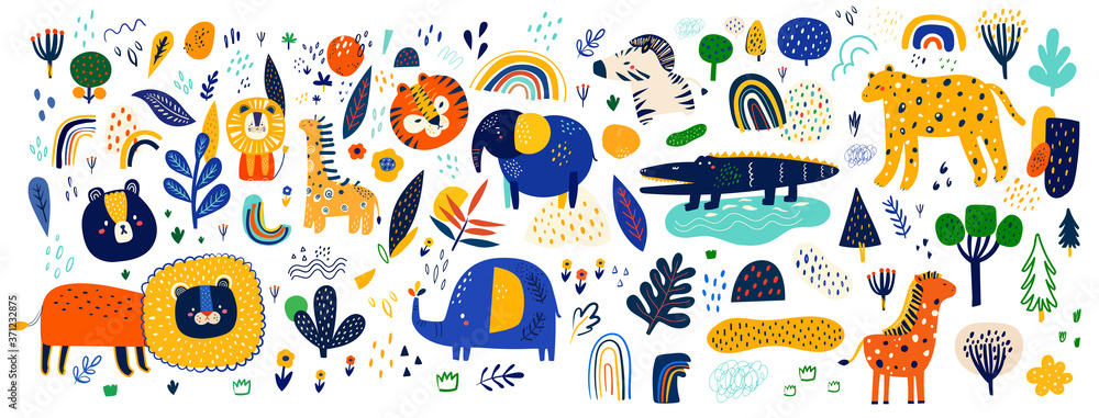 Abstract doodles. Baby animals pattern. Fabric pattern. Vector illustration with cute animals. Nursery baby pattern illustration Abstract doodles. Baby animals pattern. Fabric pattern. Vector illustration with cute animals. Nursery baby pattern illustration