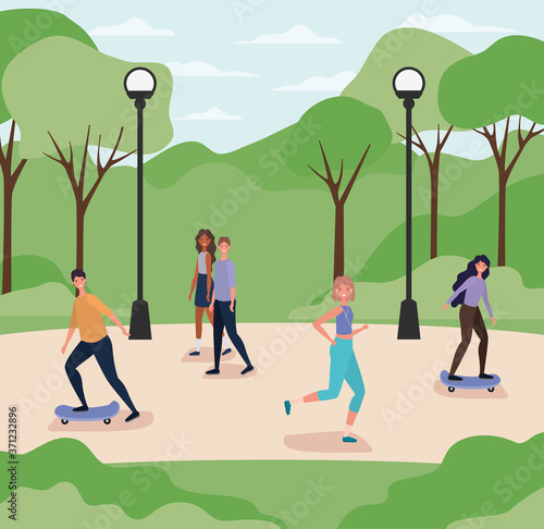 women and men cartoons running and on skateboard at park with lamps design, Nature outdoor and season theme Vector illustration