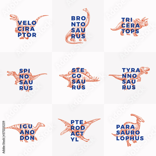 Prehistoric Dinosaurs Abstract Signs, Symbols or Logo Templates Collection. Hand Drawn Ancient Reptiles with Modern Typography Labels Set. Vector T-shirt Print or Emblem Concepts Bundle.