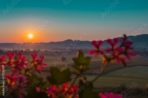Beautiful colorful morning view of the village of Sankt Georgen im Attergau, idyllical austrian village in early morning, at sunset.