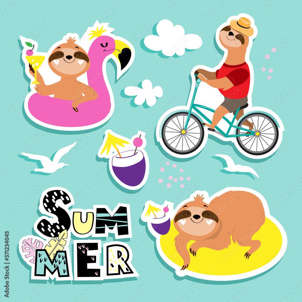 Fototapeta premium Fashion patch badges with summer sloths on a blue background. Sloth on an inflatable pink flamingo, on a bicycle, on a rubber ring and the inscription summer