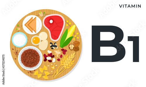 Vitamin B1 concept healthy nutrition flat design vector illustration. Products containing vitamin B1 on wooden cutting board.